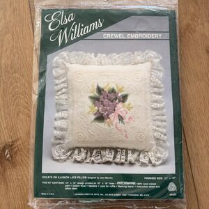 Elsa Williams Crewel Embroidery Kit Violets on Illusion Lace Pillow 00325 Vtg